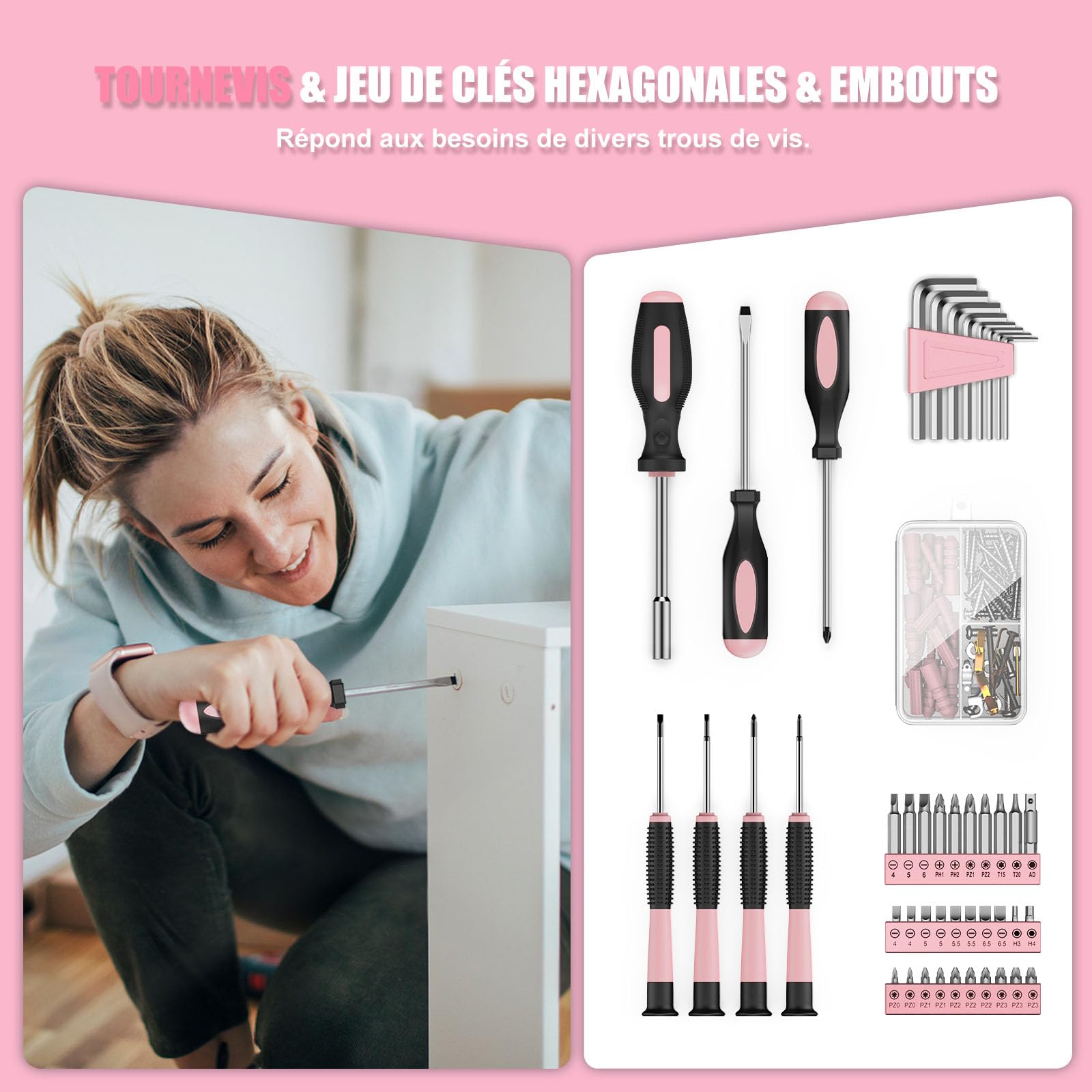 Perceuse à Percussion Sans fil 12V - Sundpey Malette Outils 206 Pièces, avec Jeu de Tournevis et Pinces, Caisse a Outil Complete avec Perceuse pour Jardin, Bureau, Réparation à Domicile Rose