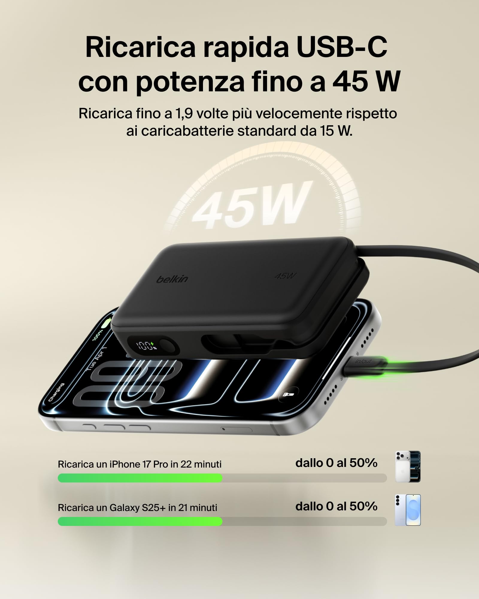Belkin UltraCharge Power Bank 10000mAh con Cavo USB-C e Display - Nero | Caricatore Portatile 10000mAh, Ricarica 3 dispositivi (1 USB-C, Cavo USB-C Integrato, 1 USB-A), 45W, Pre-Caricato, Display