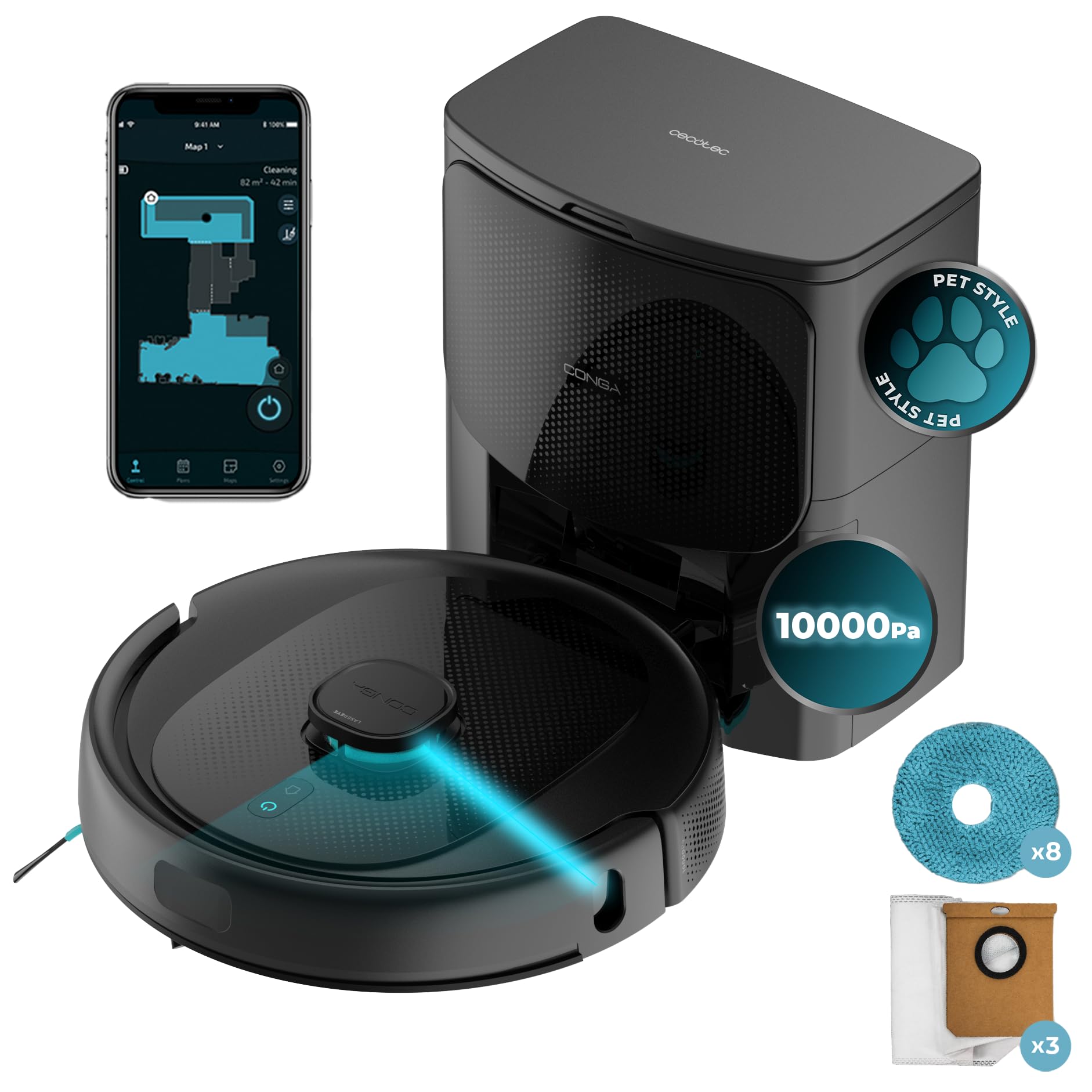 Cecotec Robot Aspirador y Friegasuelos con Base Autovaciado Conga 9590 Spin Revolution Ultra Power Home Essential. Navegación Láser, 10000Pa, App, Autonomía 240min, Cepillo Mascotas, Mopas Gitarorias