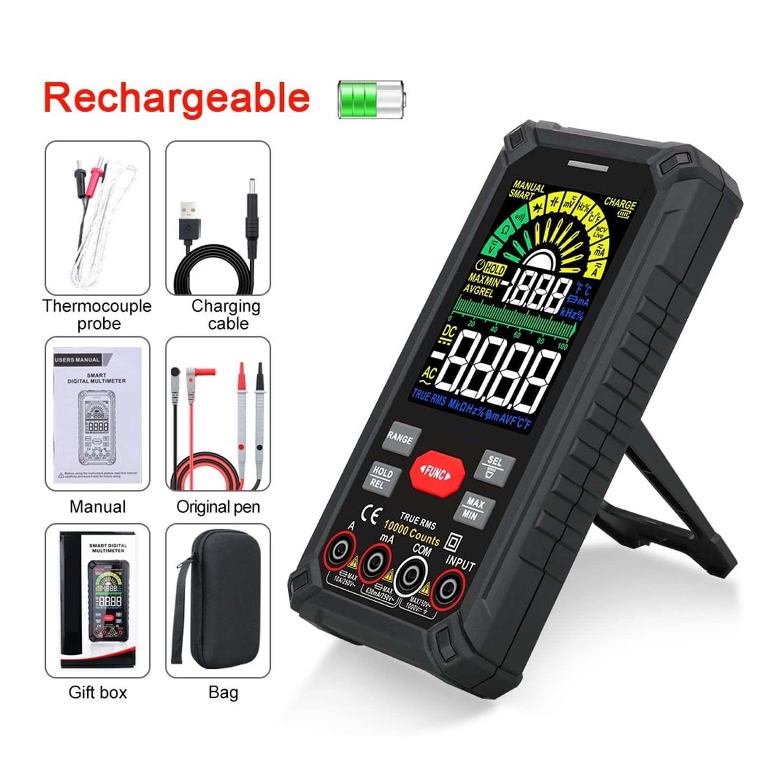 Tester Multimetru Inteligentny Multimetr Cyfrowy 9999 Zlicza Kolorowy Wyświetlacz LCD DC AC Napięcie Prądu True RMS Multimetro Akumulator Multitester Precyzja Bezpieczny