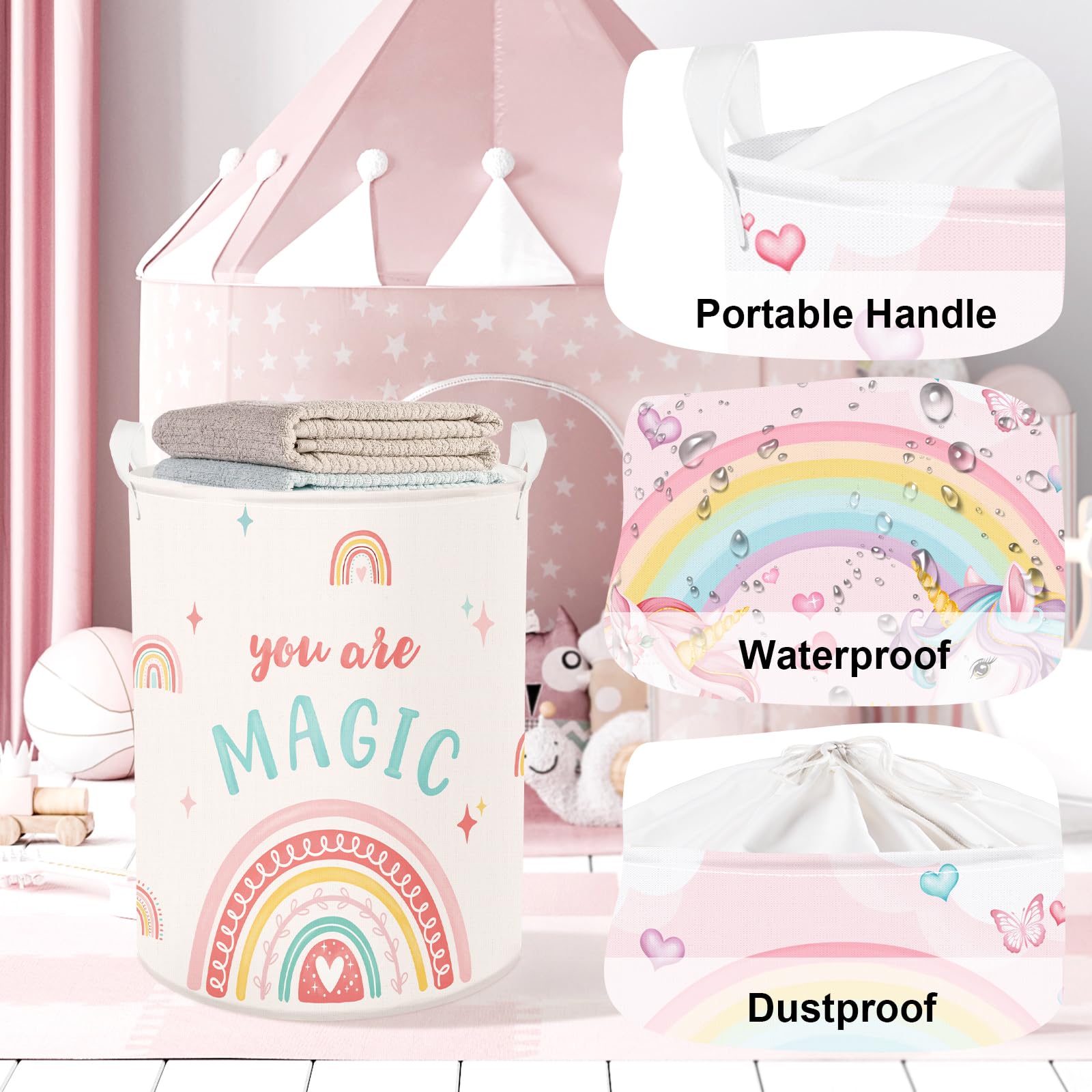 HUUMONSS Boho Rainbow Baby Laundry Hamper Collapsible Clothes Kids Storage Basket Large Girls Gift Toy Box Bin for Nursery Room Pink - Image 4