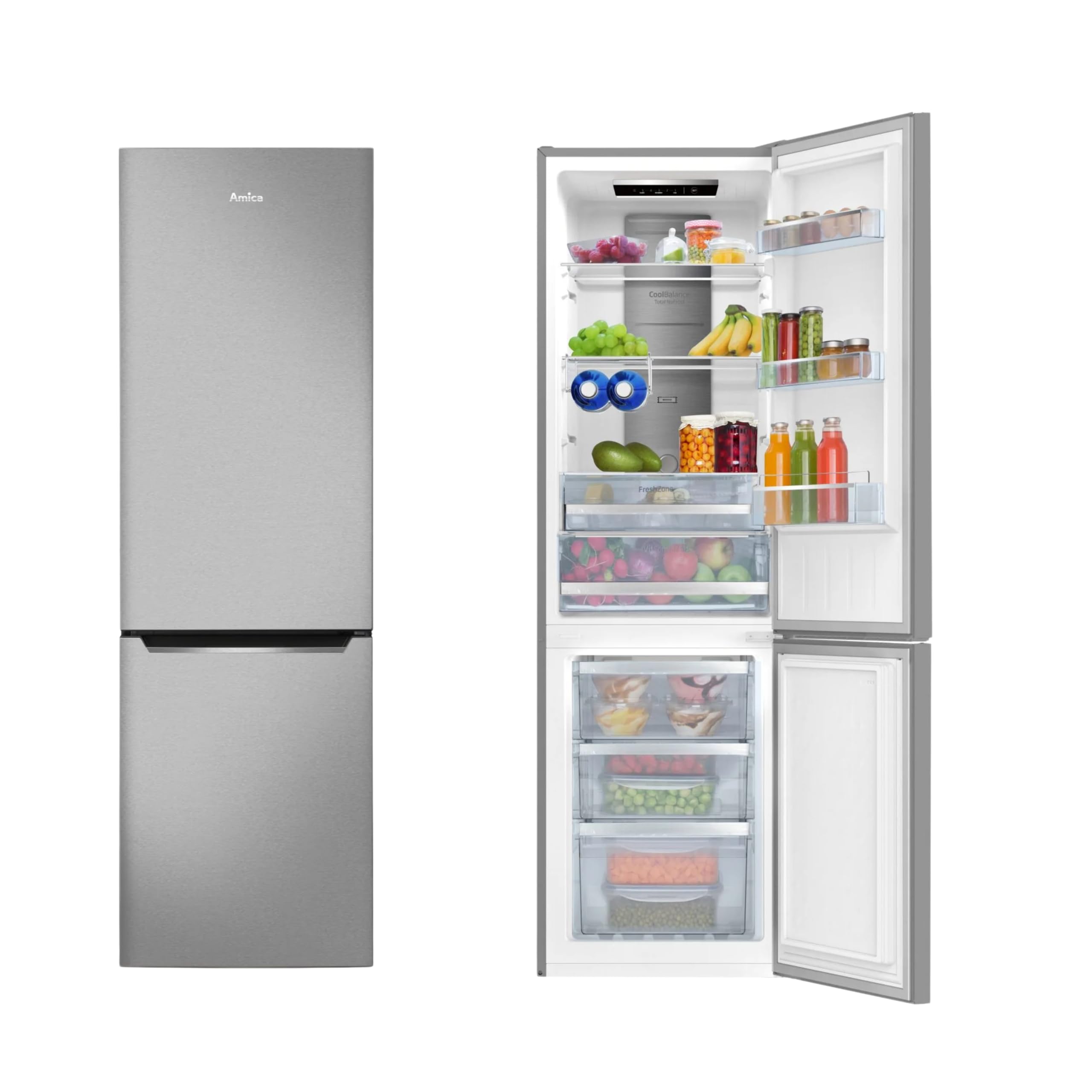 Amica KGCN 387 140 E lodówko-zamrażarka, wysokość 170 cm, szerokość 54 cm, pojemność 231 l, NoFrost, FreshZone, super chłodzenie, super zamrażanie, wygląd stali nierdzewnej