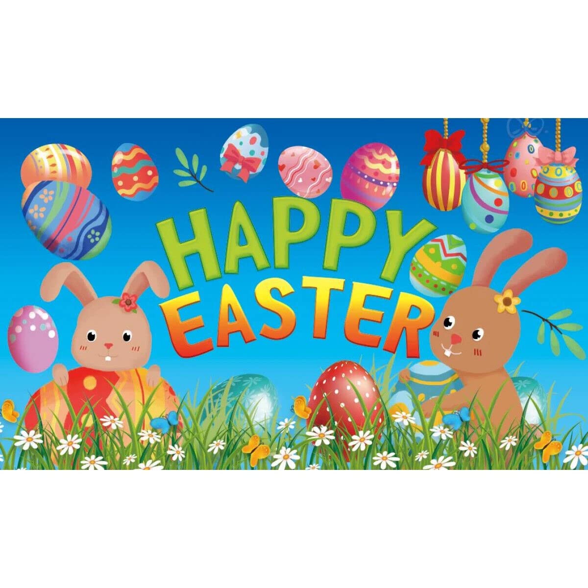 5ft x 3ft (150 x 90 cm) Happy Easter Bunnies Bunny Eggs Hunt 100% Polyester Material Flag Banner Ideal For Pub Club School Festival Business Party Decoration