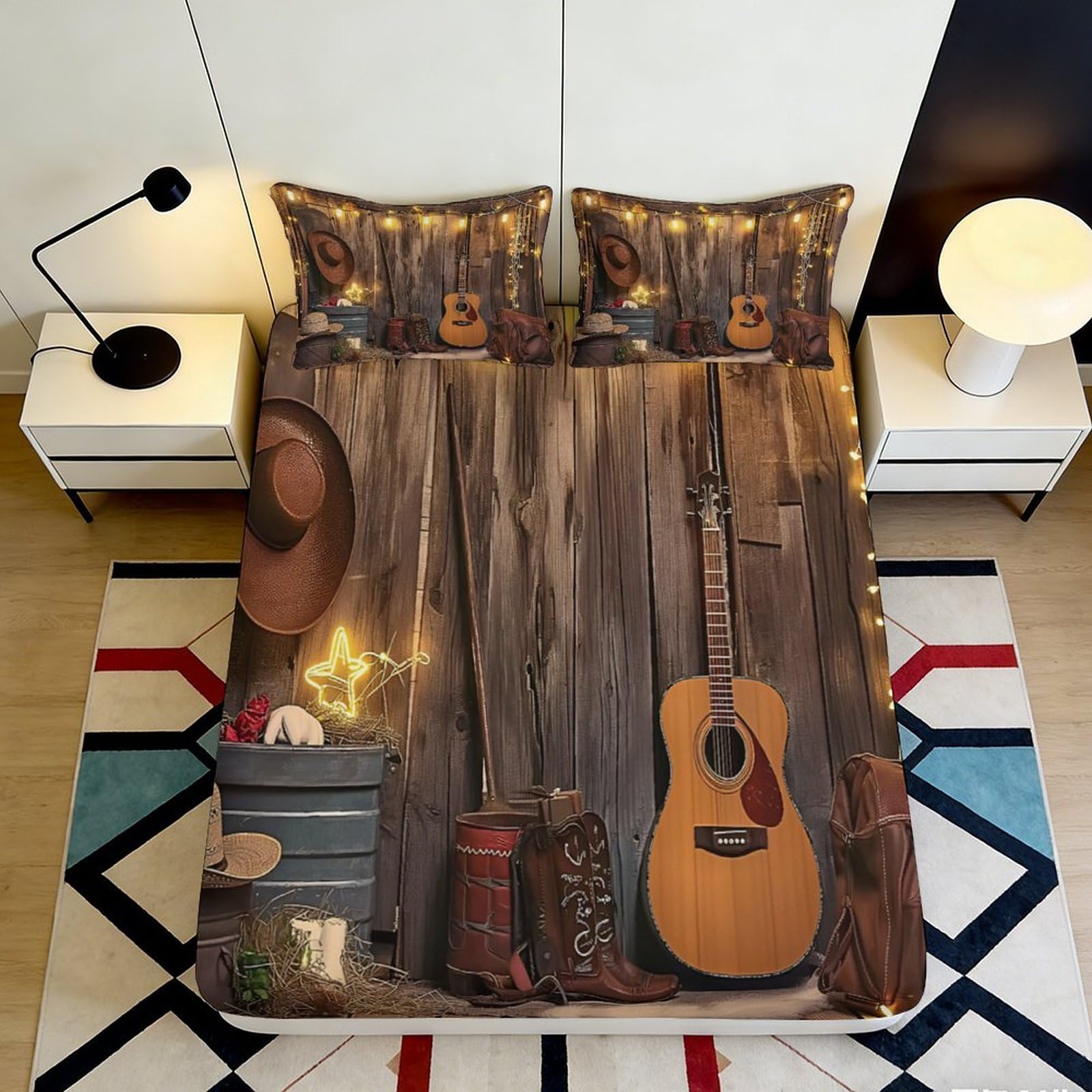 3D Printed Western Cowboy Guitar Fitted Sheet Microfiber Soft Bedroom Decor Rustic Bed Cover for Adults Teens 90x200x25cm