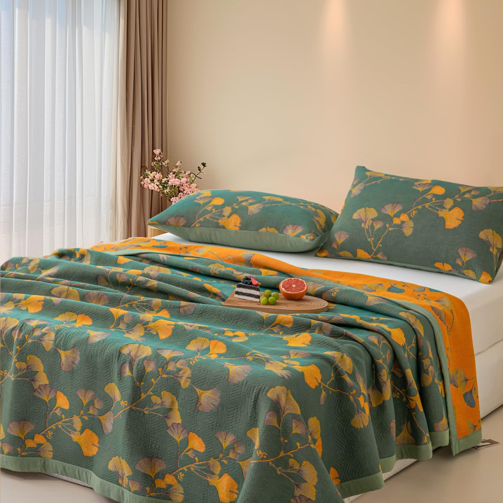Reversible Ginkgo Quilt King Size Bedding Set with 2 Pillow Shams Soft Cotton Bedspread Set Lightweight Quilted Coverlet Set for All Seasons