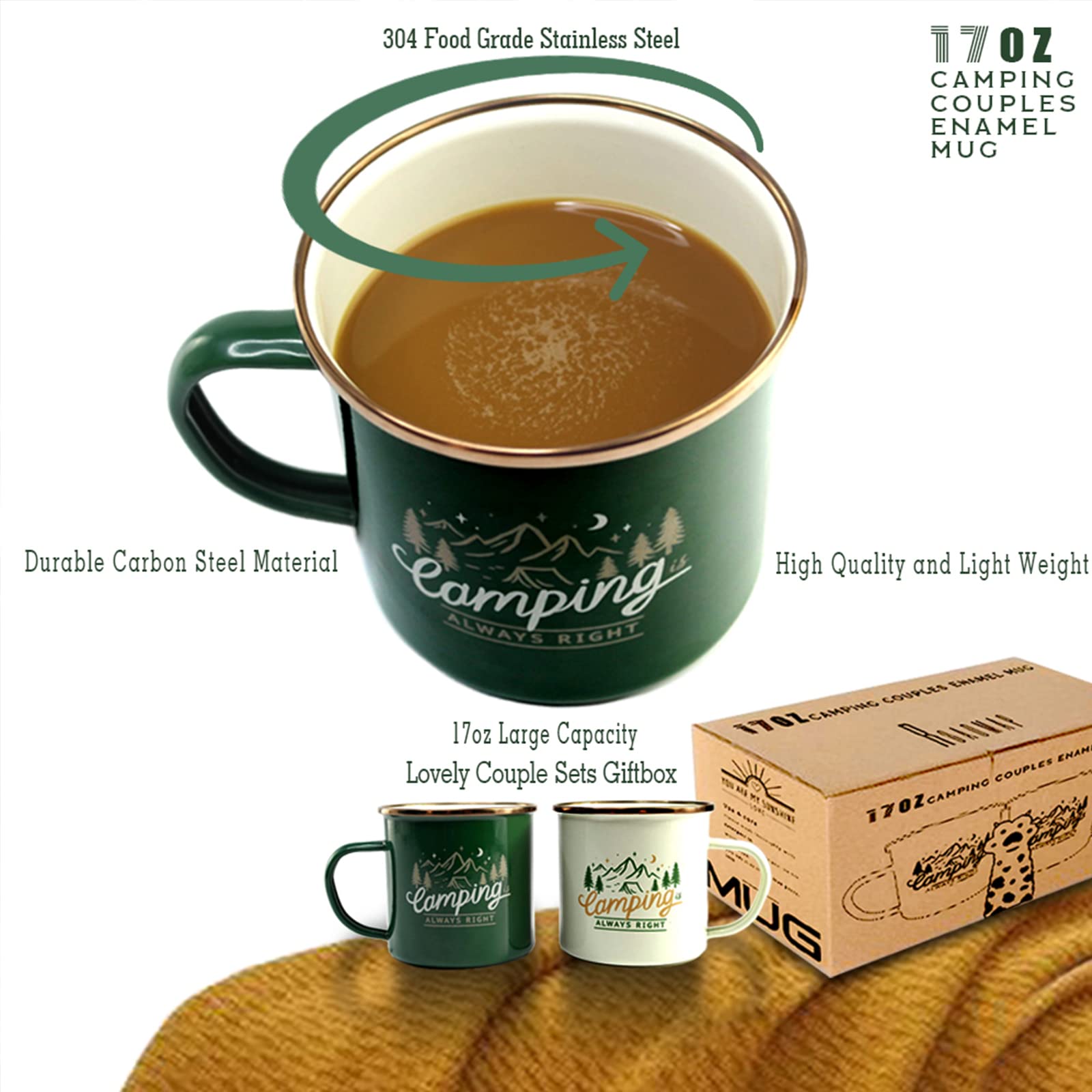 Roadmap Camping Gifts Camping Mugs Set of 2 Travel Holiday Enamel Coffee Cup 17OZ Big Capacity 304SS Golden Rim for Drinking Outdoor Couples Anniversary Wedding Christmas Valentines Day His and Hers