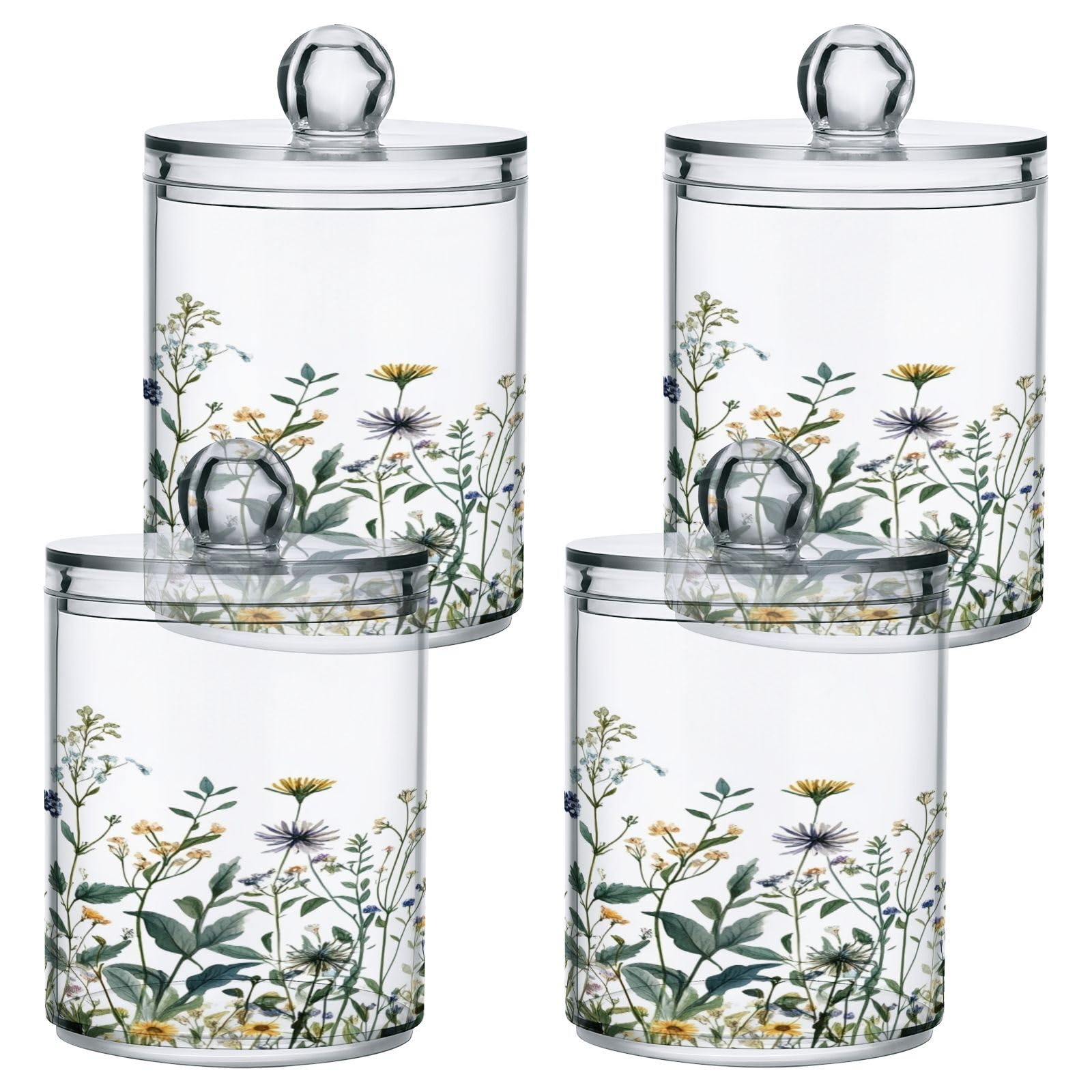 Haskirky 2 Pack Wildflowers Qtip Holder Dispenser,Clear Plastic Apothecary Jars with Lids Home Decor Kitchen Storage Jar for Cotton Ball, Cotton Swab,Floss,10 OZ