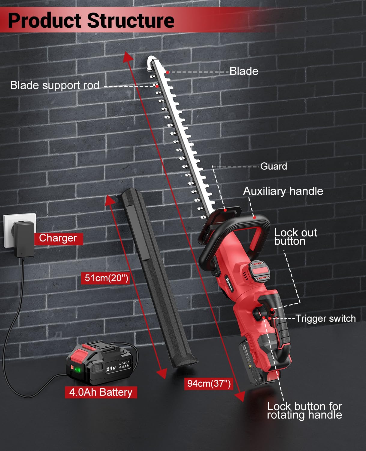 Taille Haie Batterie 21V 4.0Ah, 51 cm Longueur de Coupe, 16 mm Écartement des Dents, 180° Réglable