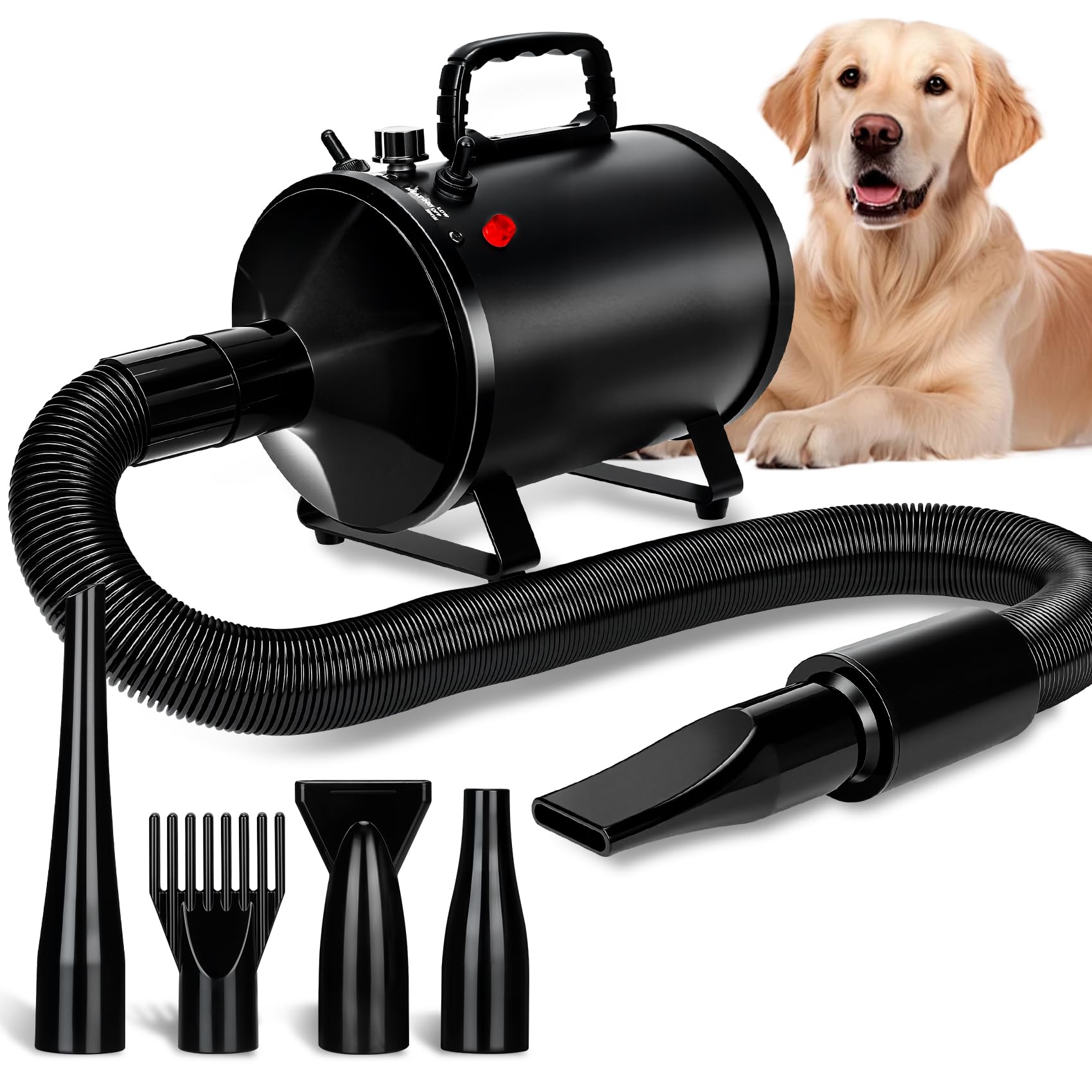 Utoimain Dog Hair Dryer 4.3HP/3200W with 3 Temperature Settings, Stepless Adjustable Airflow and 5 Attachments – Professional Pet Dryer for Home Grooming