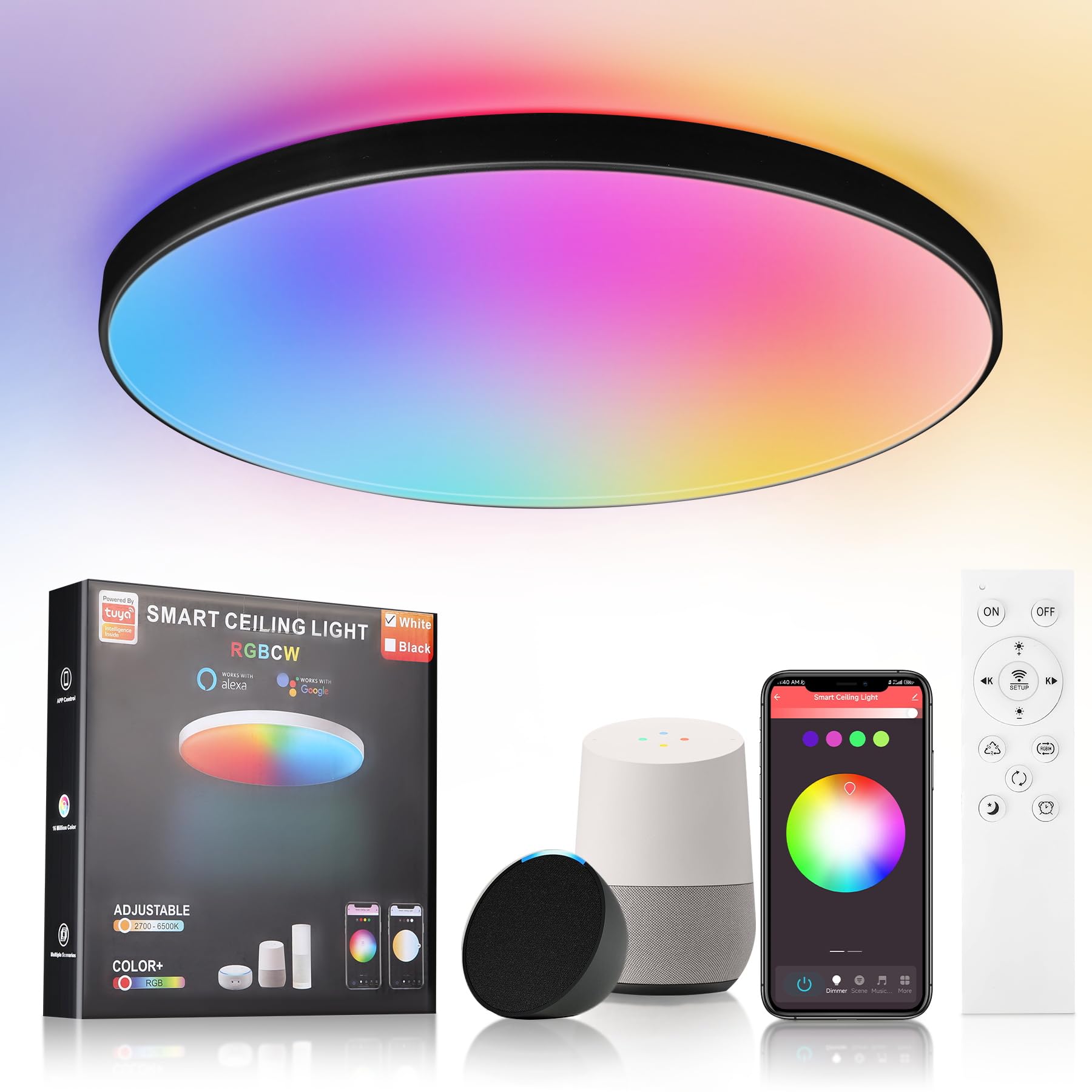 CANMEIJIA LED Ceiling Light, Dimmable 24W RGB Ceiling Lights 3000-6500K with Remote Control, IP44 WiFi Flat Ceiling Light, Supports Alexa and Google for Bedroom, Living Room, Bathroom, Black