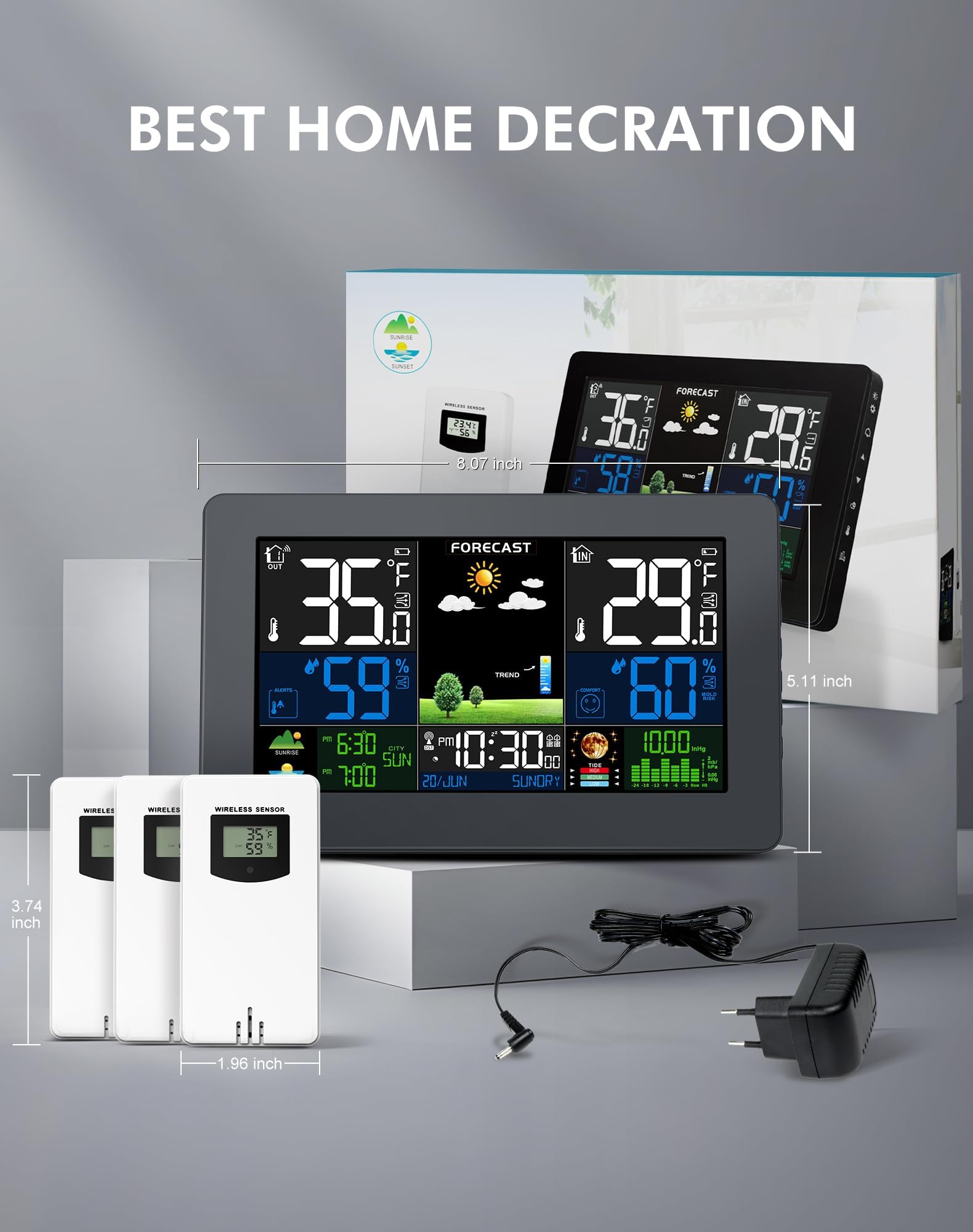 Stazione meteo wireless per interni ed esterni, termometro digitale per esterni con 3 sensori, ampio display, stazioni meteo domestiche con previsioni meteo, orologio atomico, pressione barometrica
