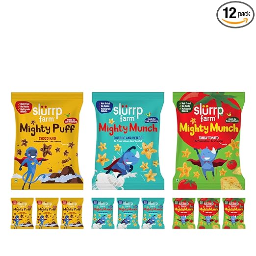 Slurrp Farm Healthy Snacks for Kids | Mighty Puff Choco Ragi, Cheese & Herbs and Tangy Tomato| Not Fried, No Maida | Snack for School Tiffin and Travel-Friendly | 12 x 20g packs