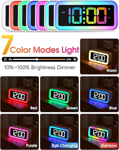 Miniatura 2 de Cadmos Reloj despertador fuerte para dormitorios con luz nocturna RGB dinámica, adultos que duermen pesadamente, alarma dual, atenuador, cargador