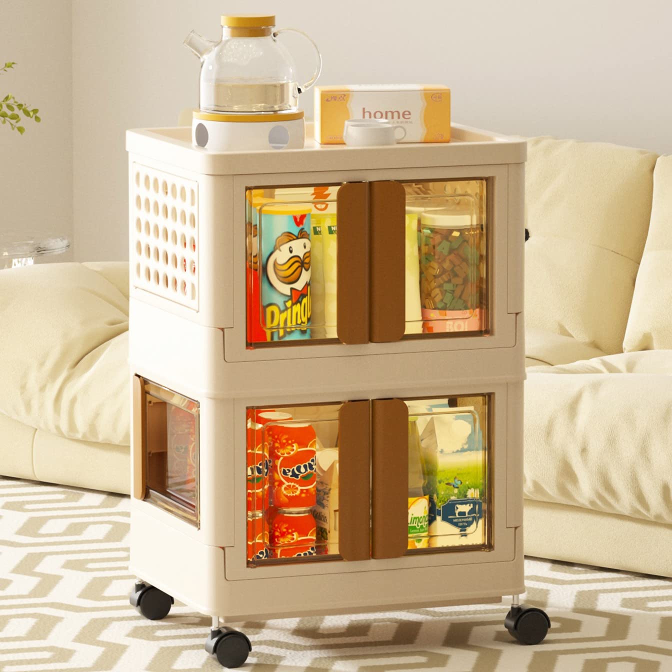 wookon Plastic Storage Container,2 Tier Folding Storage Bins,19.4Gal/77.5QT Stackable Storage Box with Lid and Buckles,Dorm Room Essentials,Space Saving Organizer with Wheels for Office