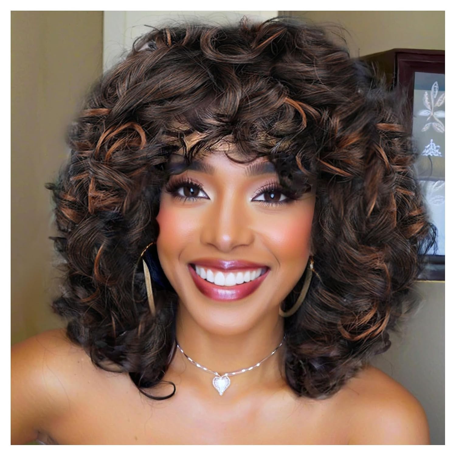 Short Curly Wigs for Black Women Soft Curly Wig with Bangs Afro Kinky Curls Natural Looking1B/30 Wig for African American Women?Ombre Auburn? 1-Ombre Auburn