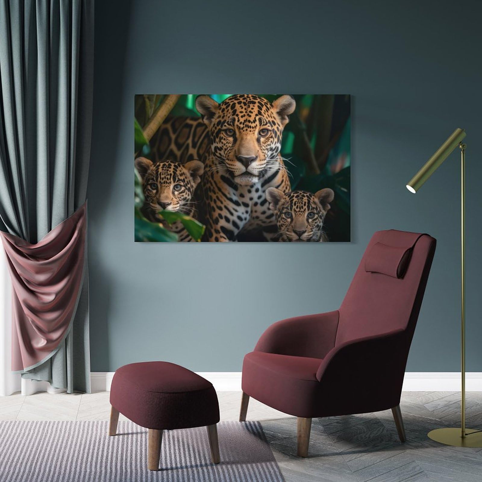 Junmoney Jaguar With Cubs Wall Art Print 20x30inch(50x75cm), for Lounge, Study, Hallway Or Flat Walls, Decorative Artwork with Broad Appeal
