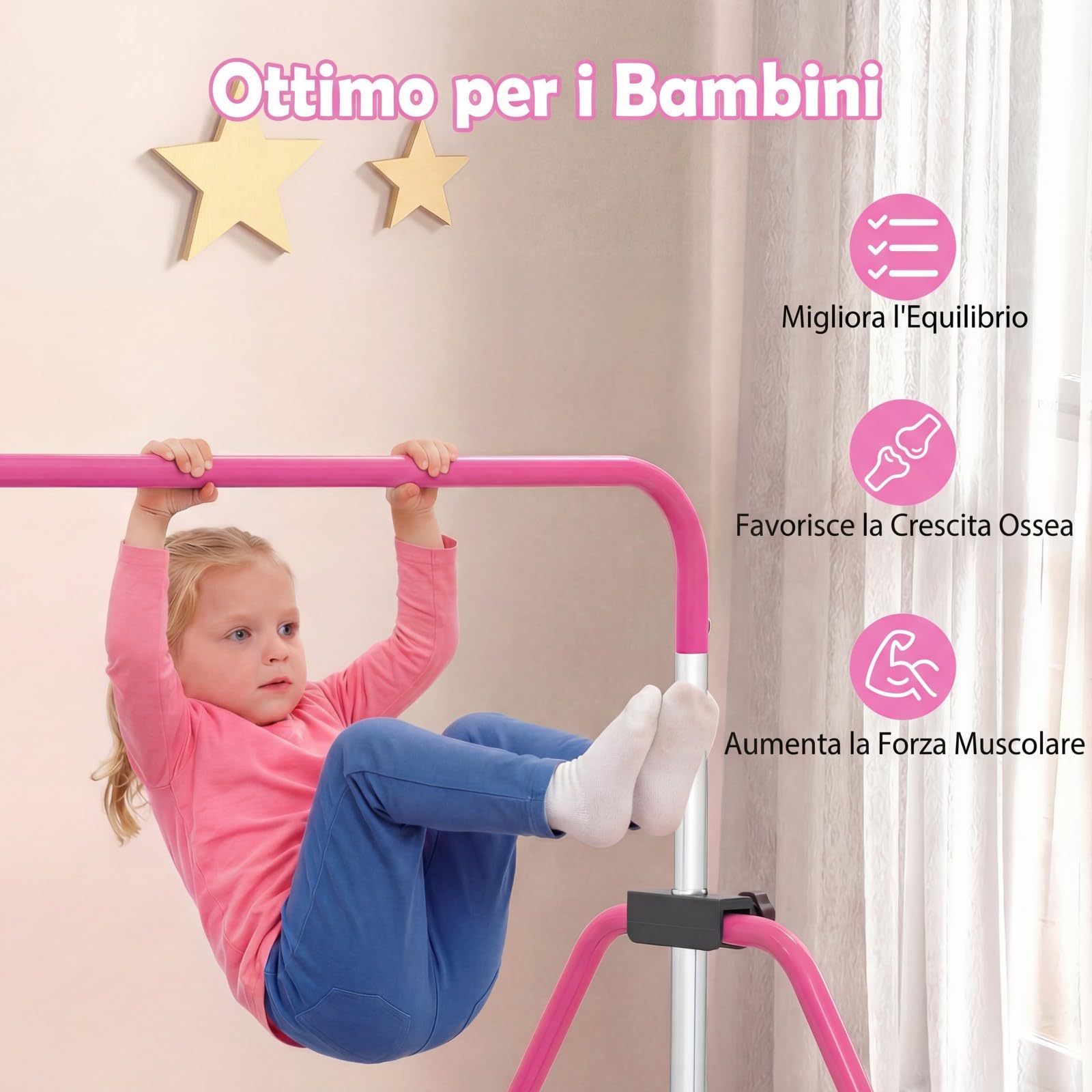 COSTWAY Sbarra Ginnastica Artistica per Casa Pieghevole, Barra Orizzontale Regolabile in Altezza con Base Antiscivolo, Barra Ginnastica per Bambini da 3 a 12 Anni