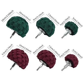 6 Pcs Scouring Pads Non Woven Abrasive Drill Cleaning Kit, Abrasive Buffing Polishing Wheel Drill Attachment Set, 3 Green and 3 Red