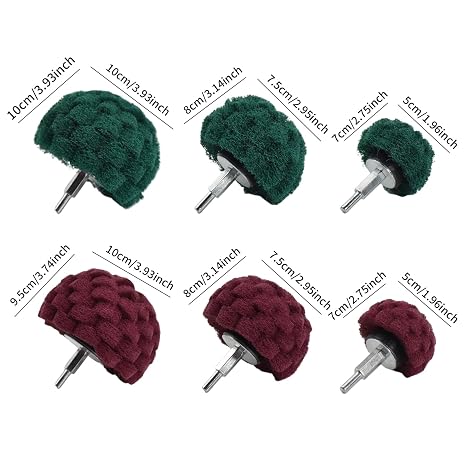 6 Pcs Scouring Pads Non Woven Abrasive Drill Cleaning Kit, Abrasive Buffing Polishing Wheel Drill Attachment Set, 3 Green and 3 Red