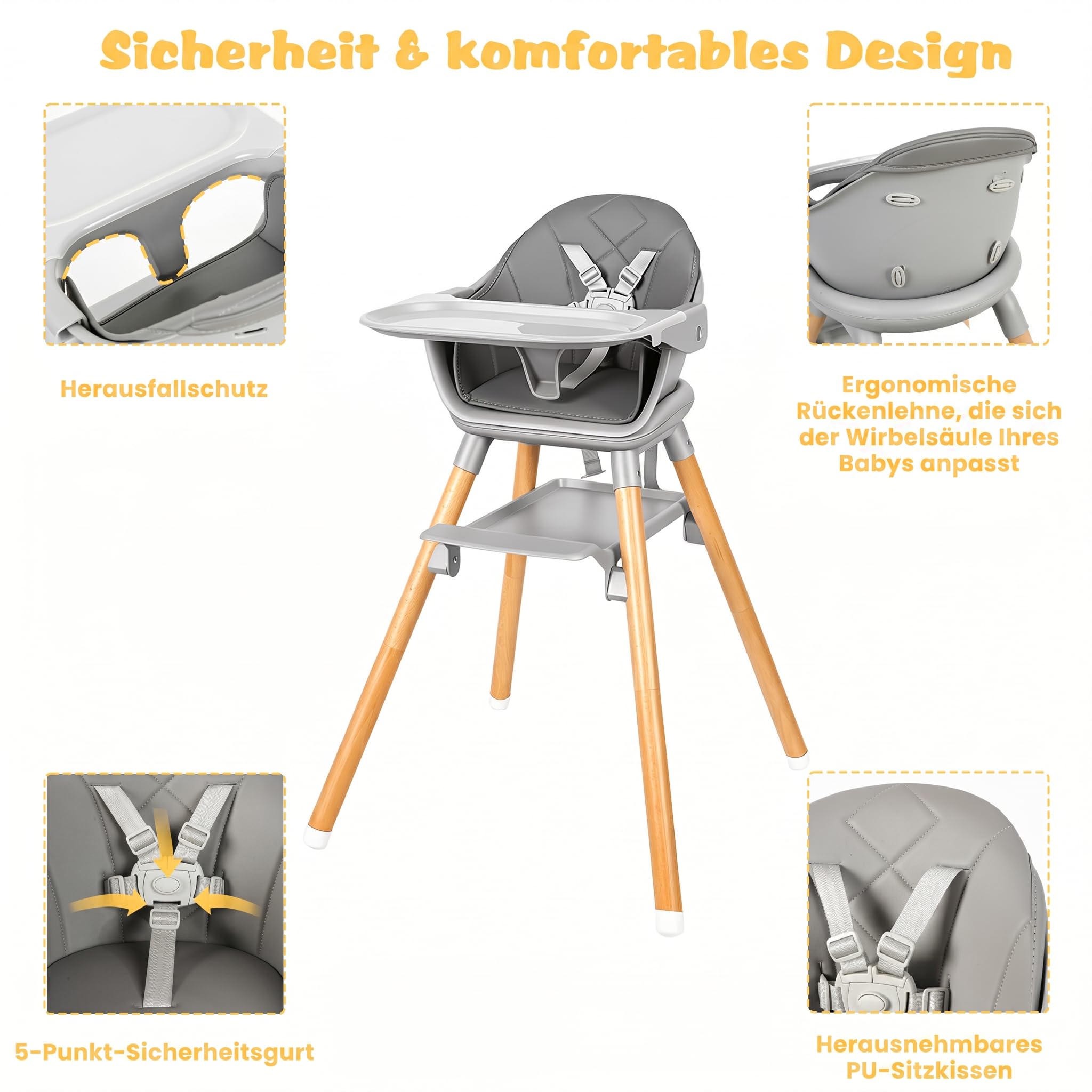 Holz-Hochstuhl 6-in-1 Umwandelbar mit Sicherheitsgurt und Fußstütze | Kinderstuhl & Barhocker, Abnehmbares Ablagebrett, Für Säuglinge & Kleinkinder, Umklappbare Fußstütze, 6 Nutzungsmöglichkeiten