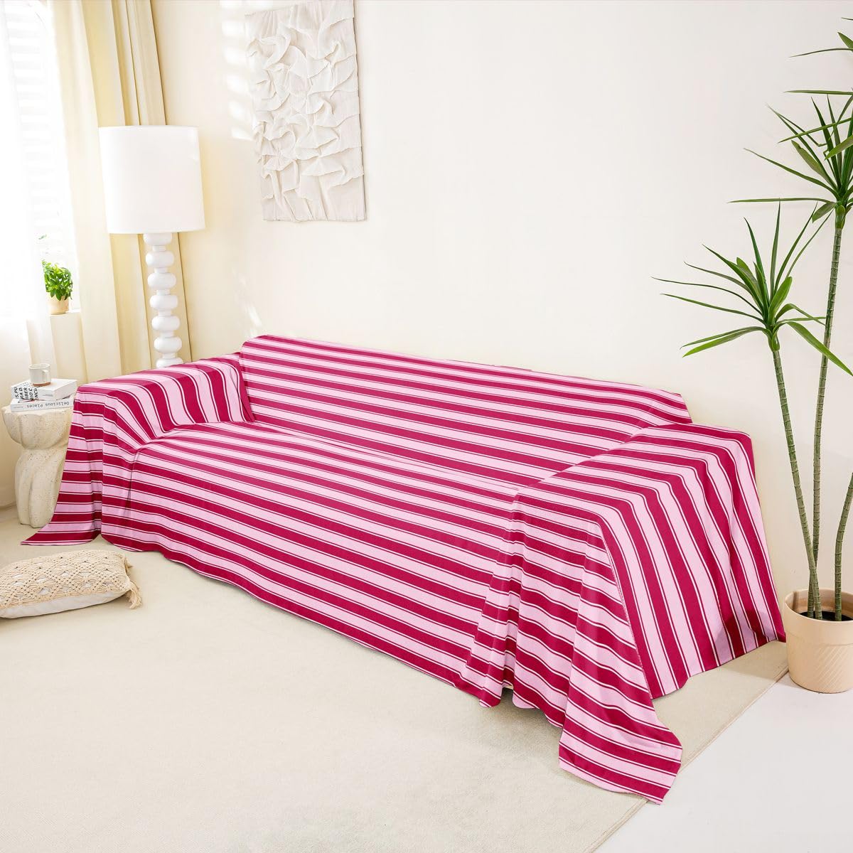 Homewish Funda de sofá a rayas rosas y rojas, 180 x 340 cm