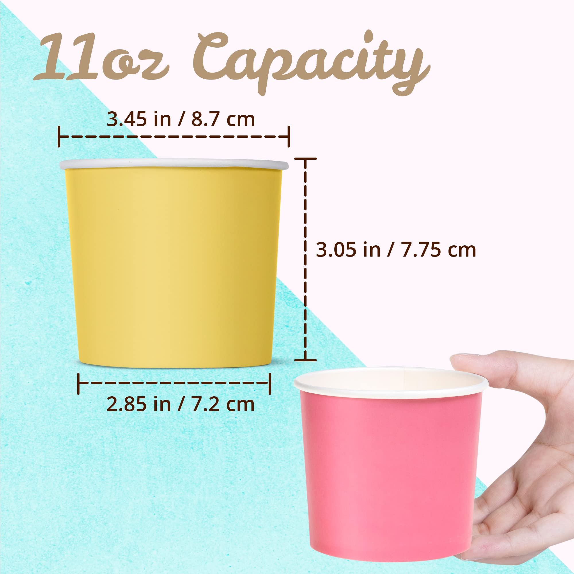 MATICAN Vasos de papel para helado, paquete de 100 cuencos de postre desechables de 11 onzas para frío y caliente, 11 onzas, 5 colores pastel