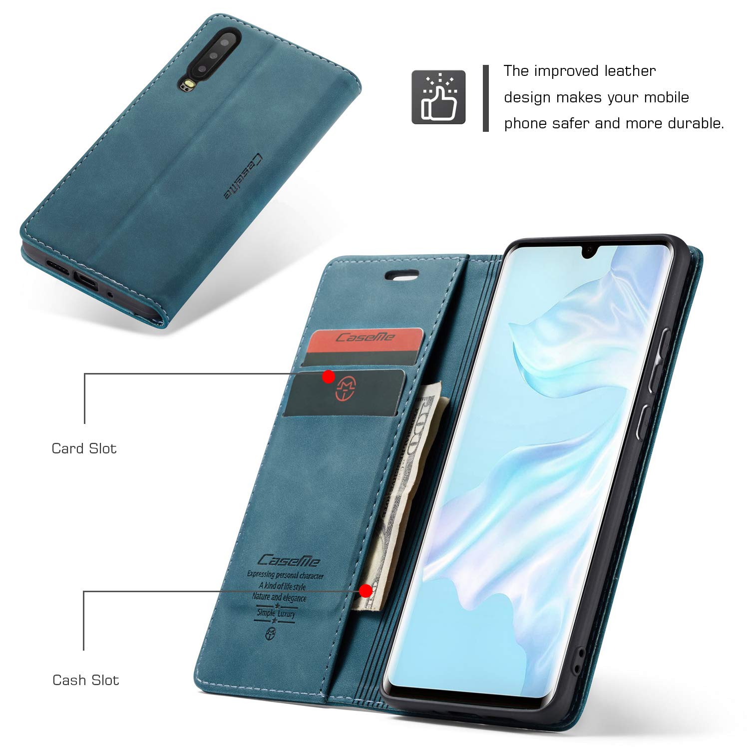 Jasonyu Cover per Huawei P30 Flip Custodia in Pelle PU, Cover a Libro Portafoglio, Funzione Supporto, Magnetica, Slot Schede, TPU Bumper Caso Custodia per Huawei P30 (Blu