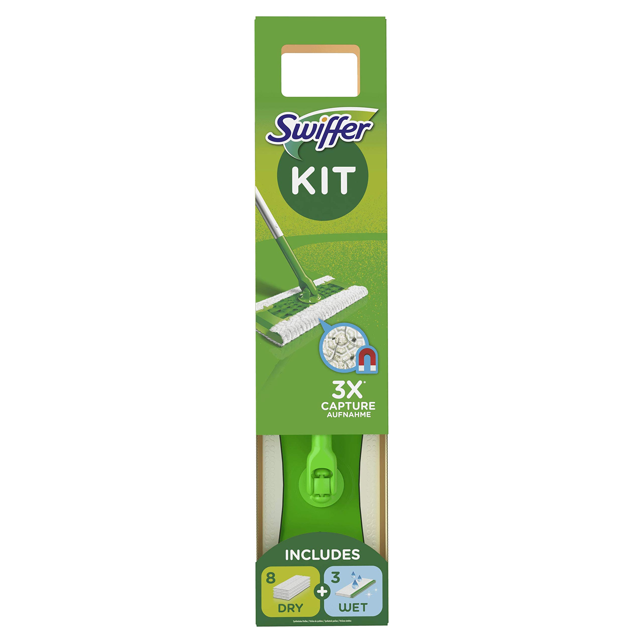 Swiffer Balai Attrape-Poussière, Kit complet 1 Balai + 8 Lingettes Sèches + 3 Lingettes Humides
