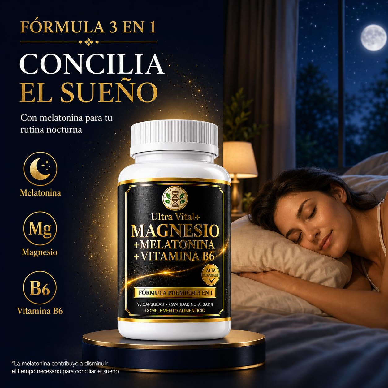 Magnesio Bisglicinato 200mg, Melatonina 1,8mg para Dormir, B6, Cáps Veganas | Glicinato de Magnesio quelado, alta absorción y B6; sin cafeína ni dióxido de titanio. 90 cápsulas, marca española con COA