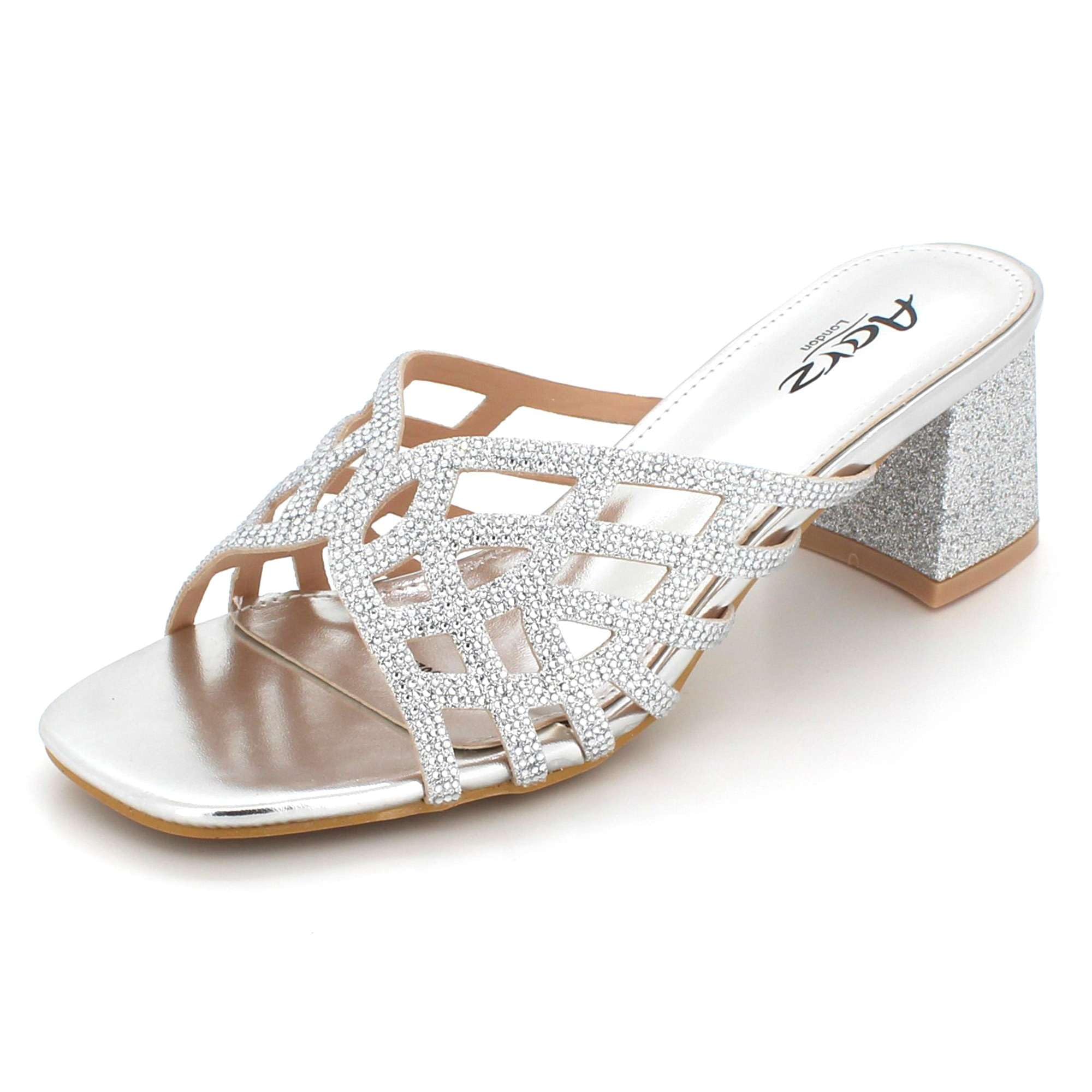 AARZ LONDONWomens Ladies Crystal Evening Wedding Party Bridal Prom Comfort Slip-On Mid Block Heel Sandals Shoes Size