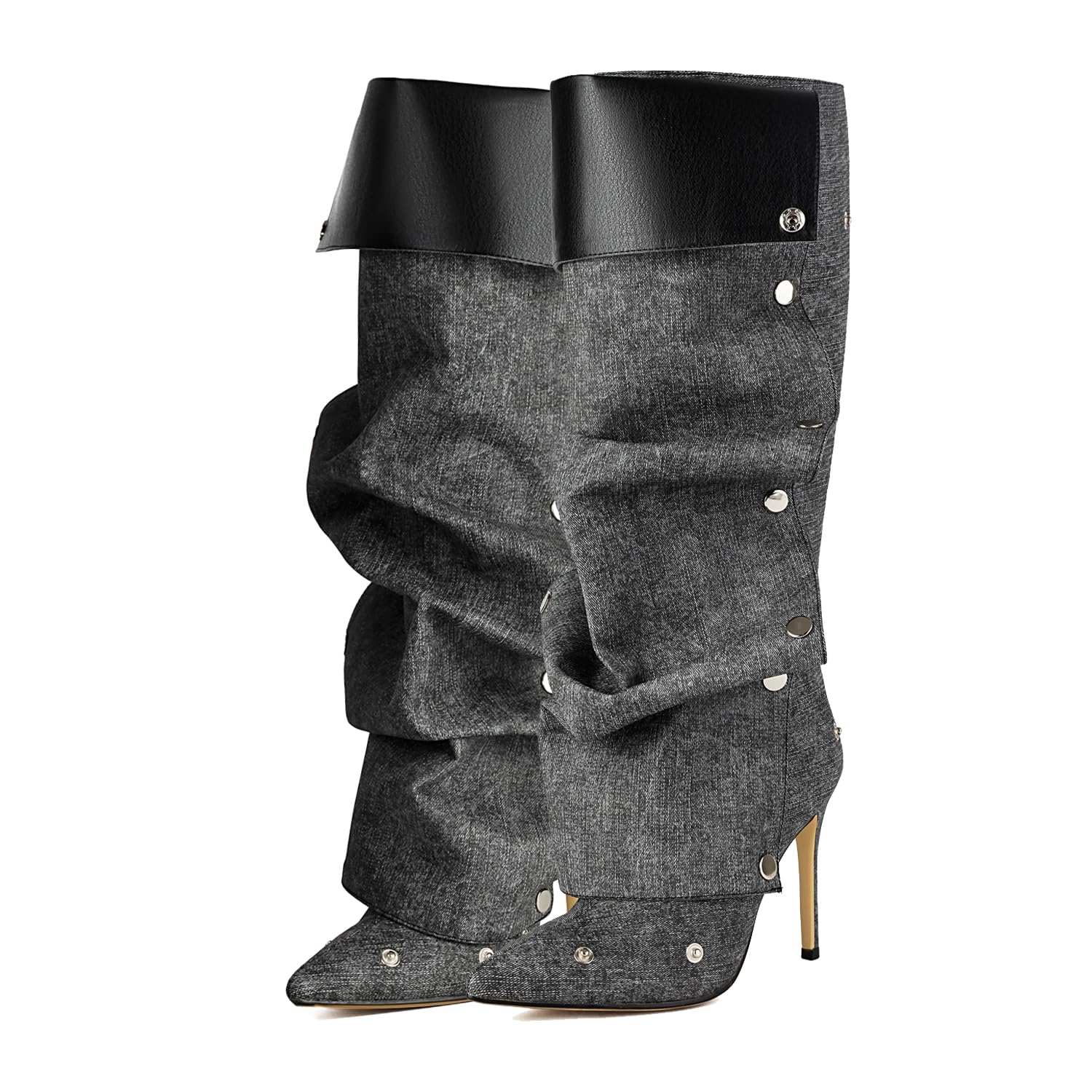Arqa Womens Stiletto Heel Knee High Boots Pointed Toe Applique Denim Boot with Zipper Silver Buttons Fall Slouchy Boot 10.5 Grey