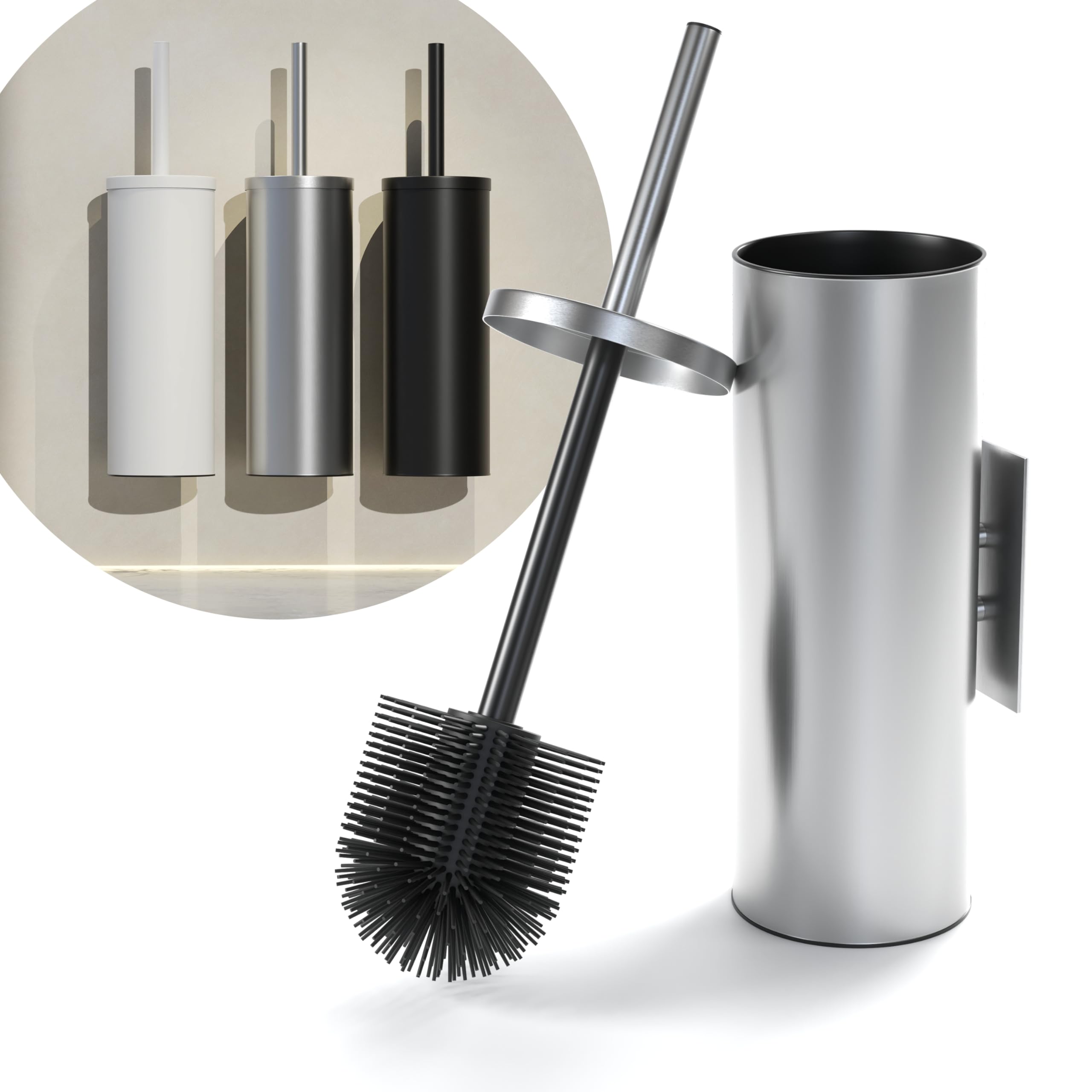 SAVEGA – Silver Silicone Wall-Mounted Toilet Brush – No-Drill WC Brush with Stainless Steel Holder – Hygienic Flexible Toilet Brush – Modern Bathroom Set