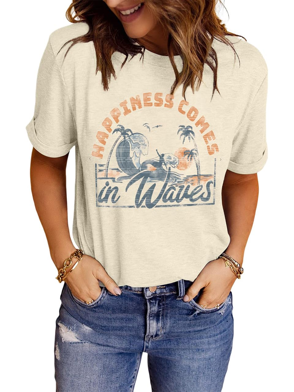 LINDOCITA Women's Summer Sunset Beach Graphic Tees Tropical Vacay Soft Crewneck T-Shirt Shirts for Women