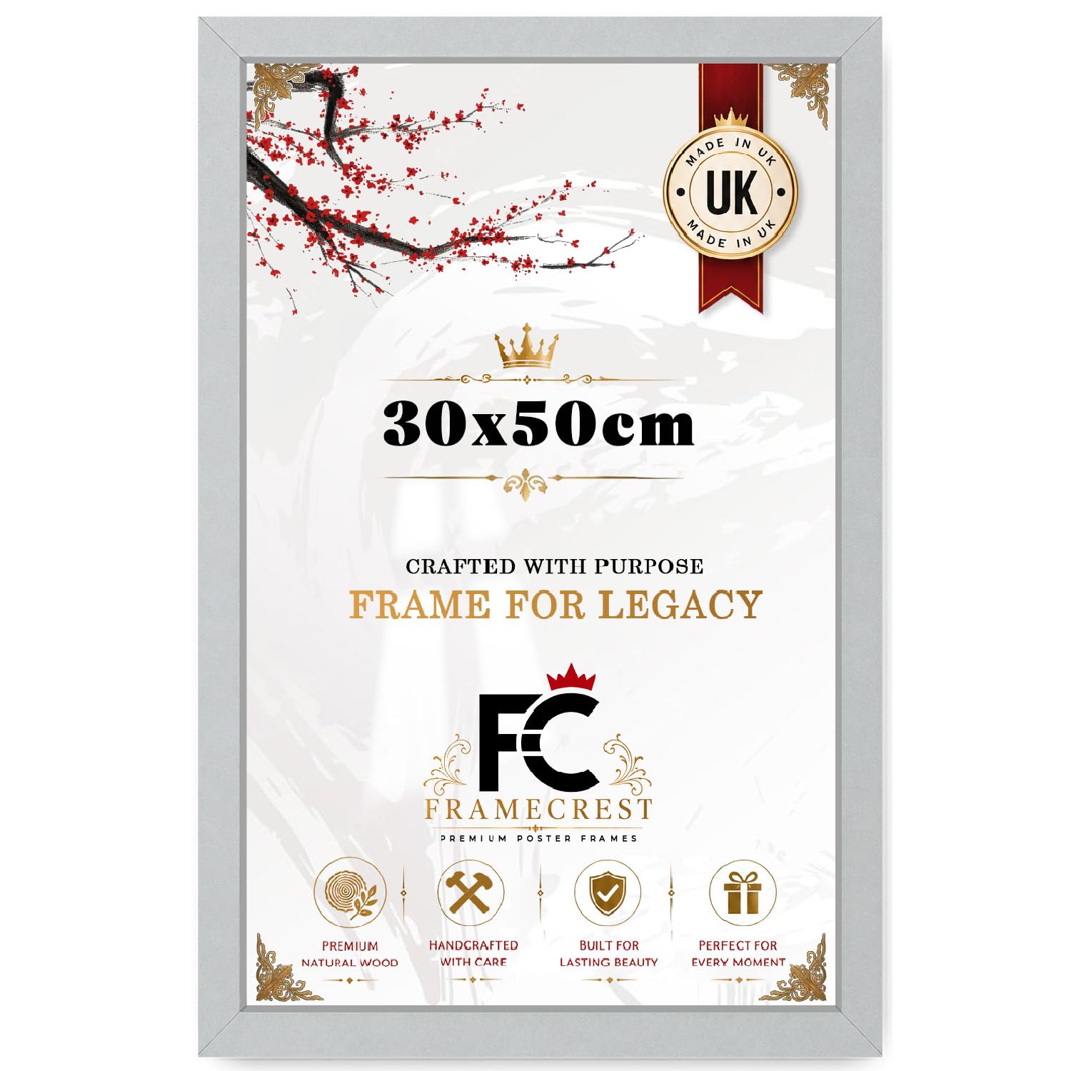 FRAMECREST Flat Style 30x50cm Poster Frame | MDF Wood Finish with Crystal Clear Styrene Front | Ideal for Certificates, Posters, Documents & Artwork - [Light Grey]