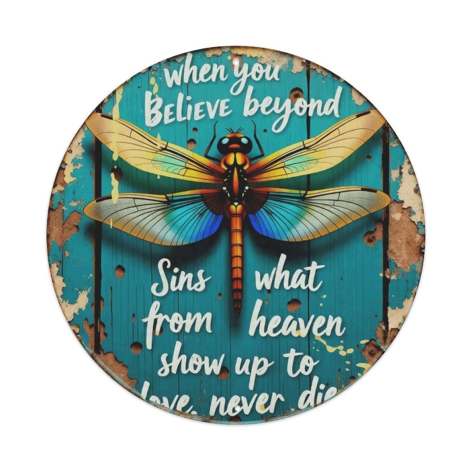Distressed Blue Wood Dragonfly Inspirational Round Sign Vintage Aluminium Metal Sign, Retro Wall Decor for Home, Bar, Garage & Farmhouse 20x20cm