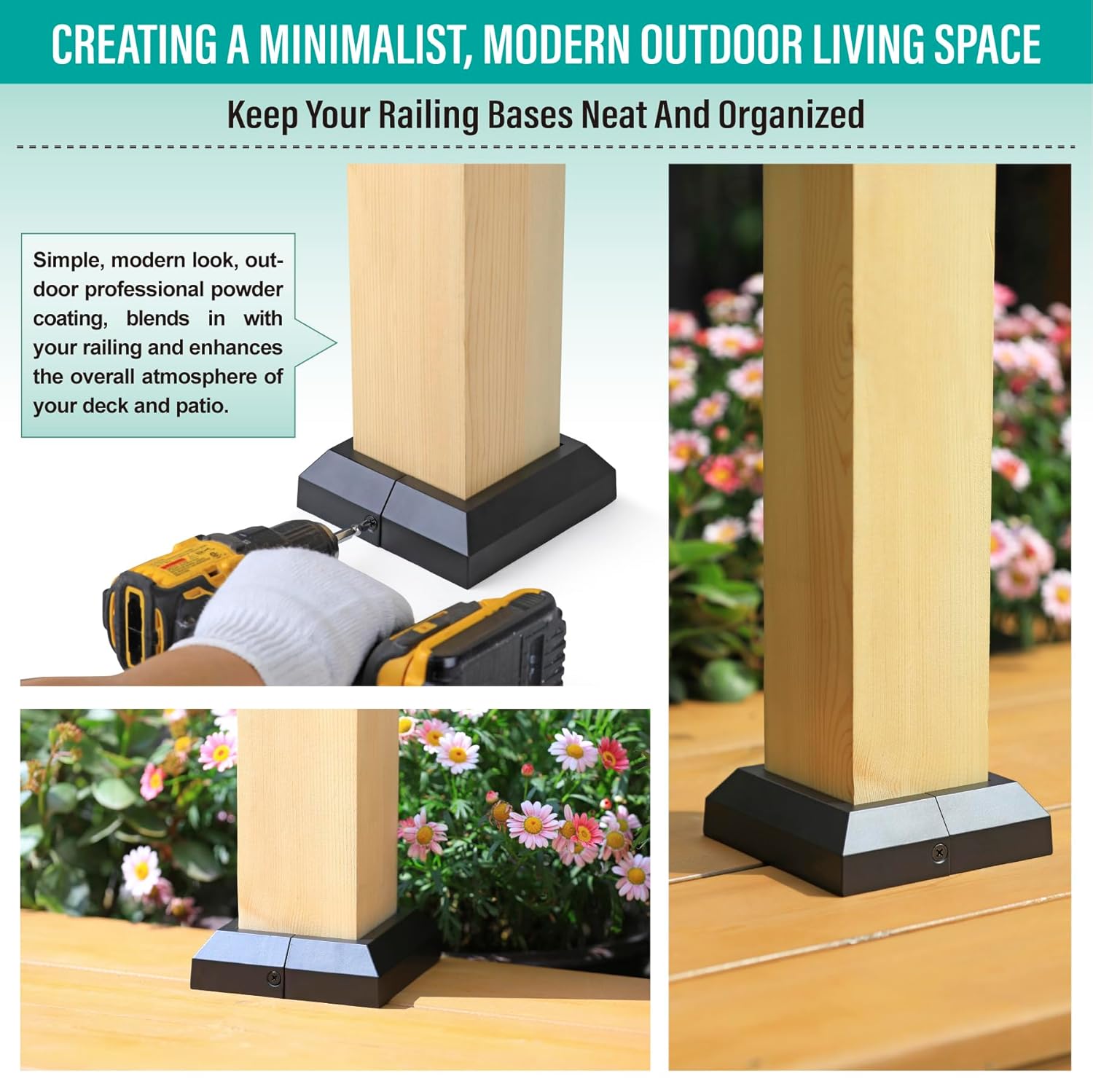 4 Piece 3.5" (3.57" Post x 5" Base) Aluminum Deck Post Base Cover. for Balcony Railings, Stairs, Decks and Porches Split Deck Post Base Cover (Black)