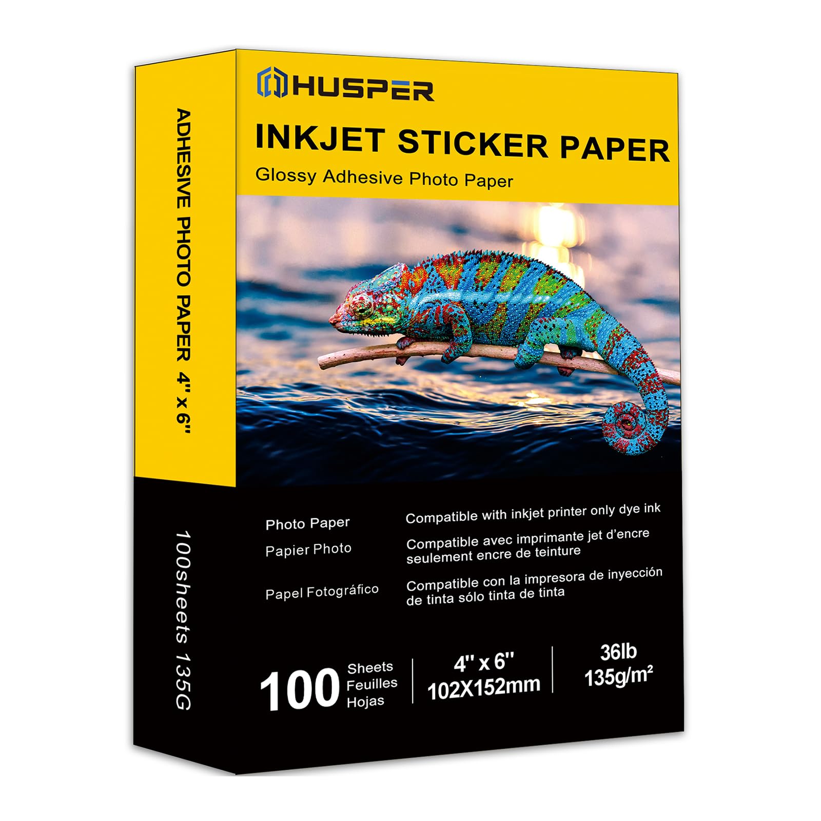 HUSPER Self-Adhesive Photo Paper 4 x 6 Inches Glossy Sticker Paper for Inkjet Printer 100 Sheets 135 GSM 36Ib Dye Ink Only (4''x6''-100 Sheets)