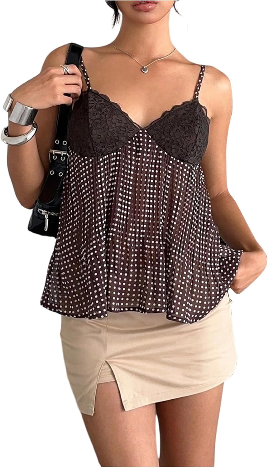 Milumia Women's Polka Dots Ruffle Cami Tops Y2k Spaghetti Strap Babydoll Peplum Tops