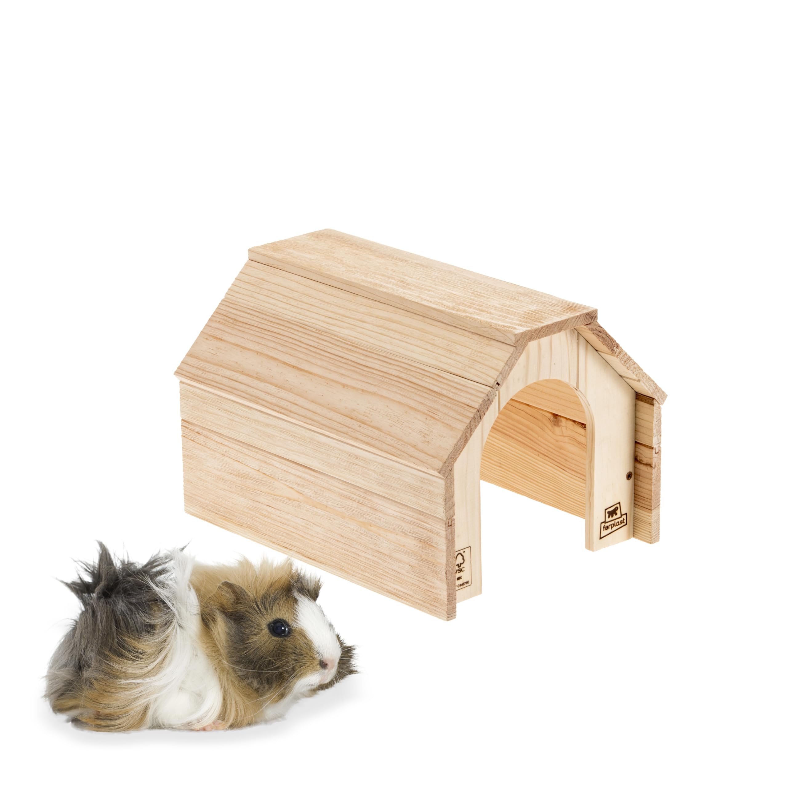 Ferplast Wooden House for Rabbits, Guinea Pigs & Hamsters HIDDA, FSC® Certified Wood, Brushed-Effect Finish, Quick Assembly Kit, 32 x 25 x H 21.5 cm, Size M