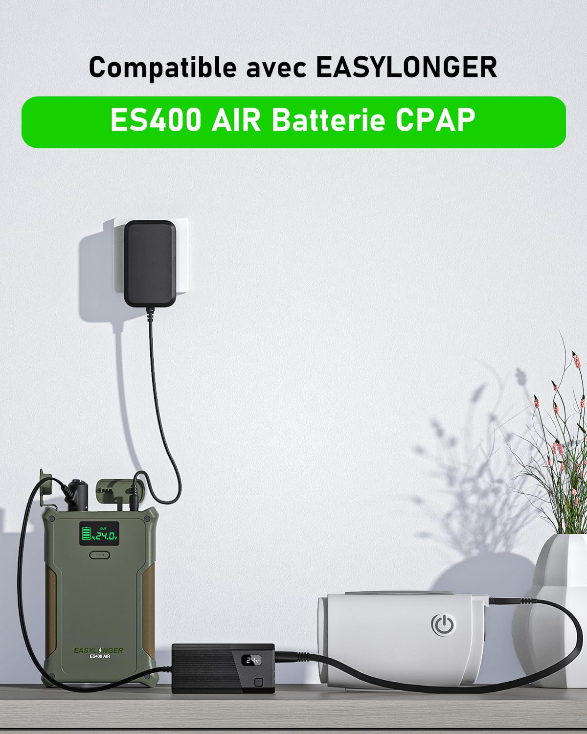 EASYLONGER 84W Chargeur Voiture pour CPAP, DC 12/24V Adaptateur Voiture | avec CPAP 4 Câbles DC pour ResMed S9/ AirSense 10/ AirCurve 10/ AirMini/AirSense 11/ Philips Dreamstation, etc