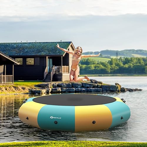 Goplus Trampolín inflable de agua 10 pies12 pies15 pies con inflador eléctrico escalera de cuerda cuerdas de amarre y ancla plataforma de natación