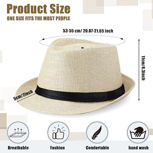 Miniatura 2 de Paquete de 8 sombreros de paja Panama Trilby Fedora con cinturón de cuero, sombreros de paja de ala corta, sombrero de playa de verano para hombres