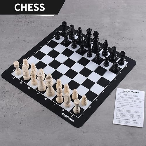 Miniatura 7 de Juego de ajedrez de viaje, ajedrez 3 en 1 de 15 x 15 pulgadas, damas, juego de backgammon, piezas de ajedrez estándar y fichas de tablero de