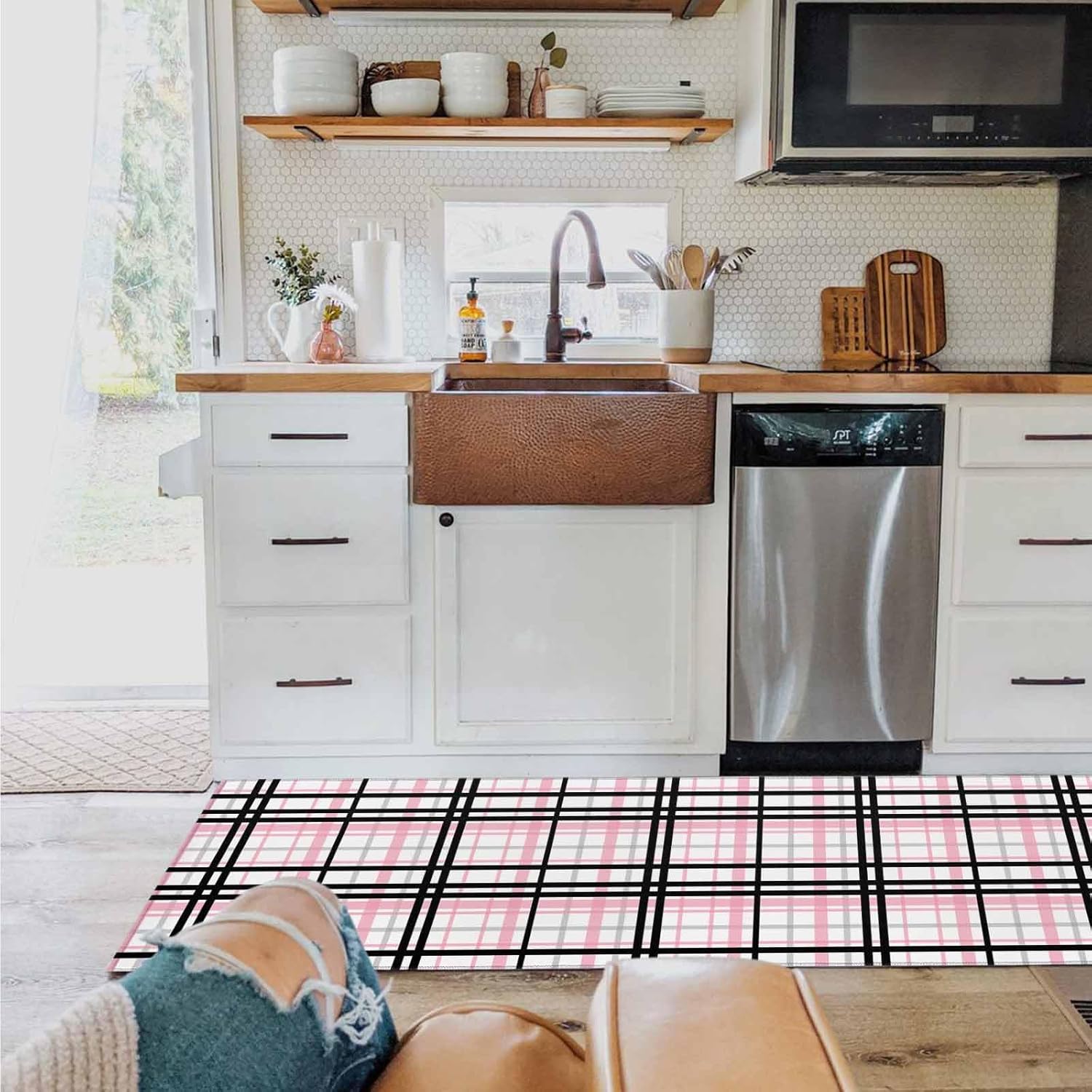 Plaid Kitchen Rugs 2Pcs Abstract Stripes Pink Black Grey Plaid Waterproof Non Slip Kitchen Mats and Rugs Cushioned Standing Floor Mats Kitchen Carpet for Office Sink Laundry 23.6x35.4in+23.6x70.9in