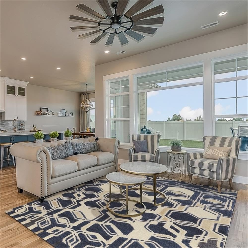 BOWERY HILL Transitional Wool Hand Tufted Rug, 96'' x 132'', Ivory/Navy Finish, 100% Wool, Rectangular Design, Latex Backing, Thick Plush Area Rug for Living Room or Bedroom Decor