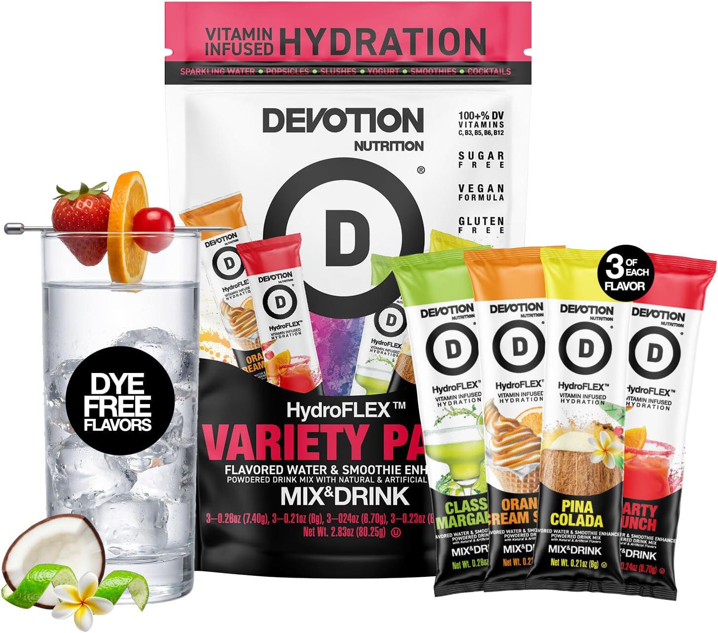 HydroFLEX Hydration Packets, 4-Flavor Variety Pack | Electrolytes, Vitamin Infused Hydration Powder, Dye Free, Sugar Free, Gluten-Free, Vegan, Water Enhancer, 12 On-the-Go Sticks