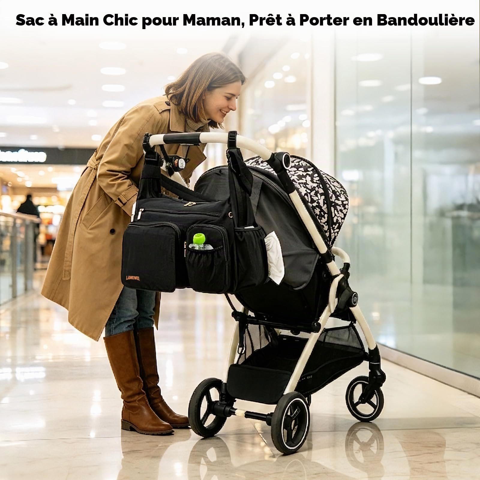 Sac à Langer Bouffant 2-en-1, Organisateur Poussette & Sac Bandoulière, 13L Léger, Sac de Voyage Bébé, Travail, Sport, Maternité