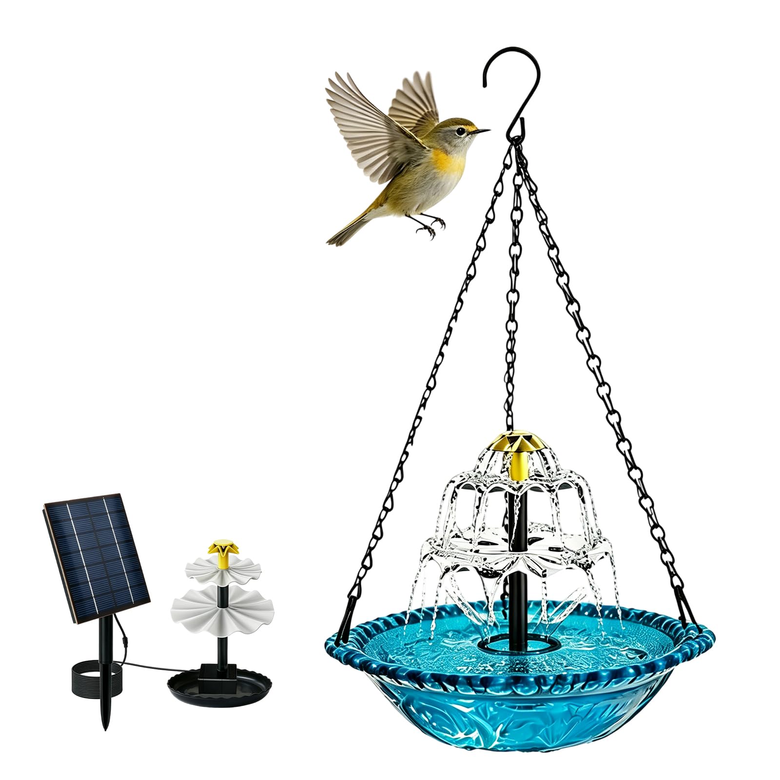 Bain d'oiseaux suspendu avec fontaine solaire, bain d'oiseaux, fontaine à suspendre, pour jardin, balcon, terrasse, avec chaînes en métal, décoratif, facile à monter, pour l'entretien des oiseaux en