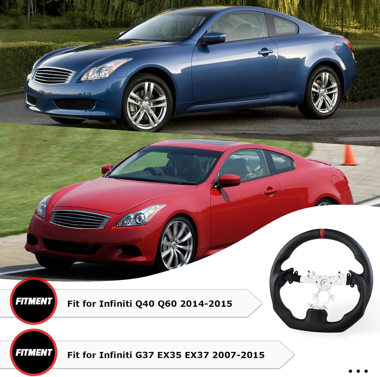 LOSCHEN Full Leather Steering Wheel for Infiniti G37 2007-2015 Full Nappa Perforated Leather, D-shaped Flat-bottom Steering Wheel