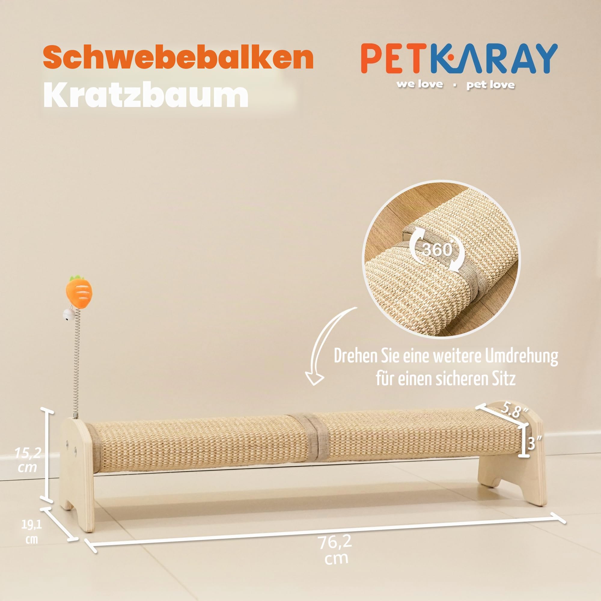 PETKARAY Horizontaler Kratzbaum, Kratzbaum für Katzen, Katzenbaum, 76,2 cm Sisal-Katzenkratzbaum, großer Katzenkratzbaum mit Federspielzeug, schützt Möbel für Indoor-Kätzchen
